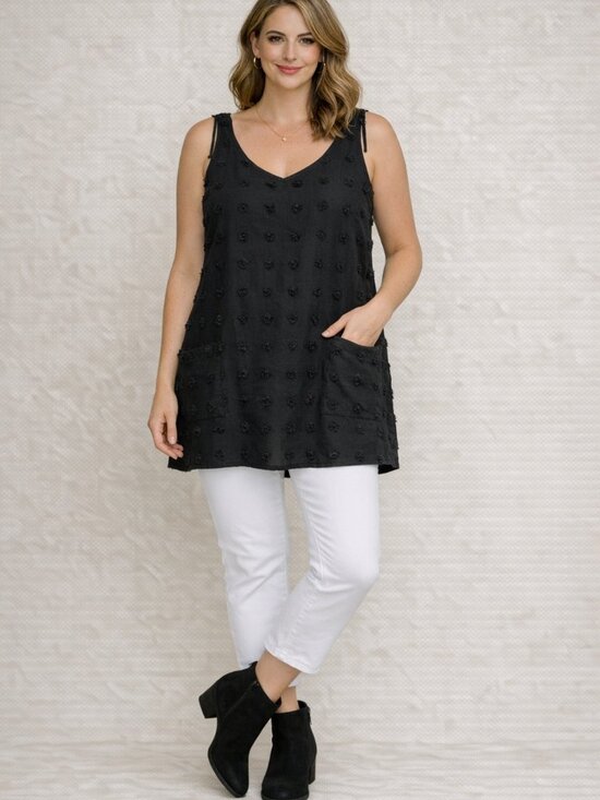 Tops - Black Sleeveless V-Neck Shift Dress with Pocket Detail 💛